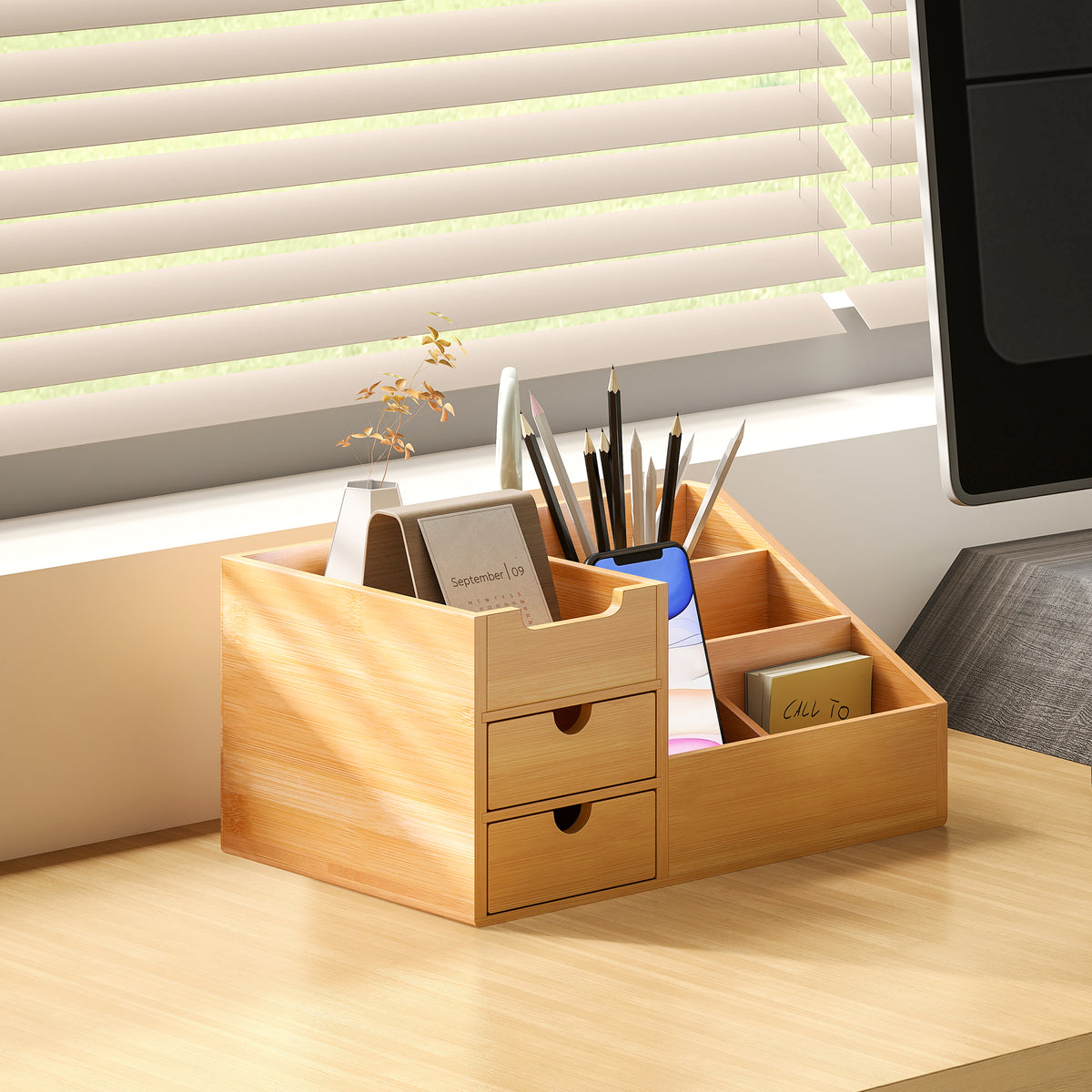 Boite de Rangement de Bureau - Organiseur de Bureau - 7 Compartiments, 2 tiroirs - Bambou Verni, Bambou-7