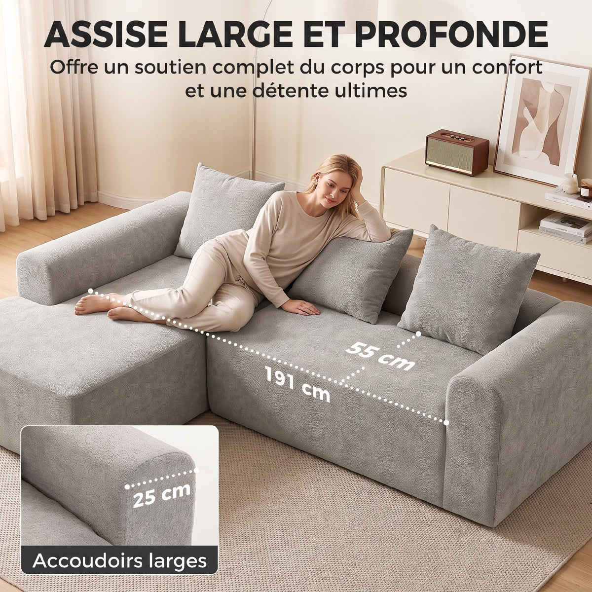 Canapé d'Angle en Chenille, Canapé 3 Places en L 242 cm avec Méridienne, Assise Profonde, Accoudoirs Larges, Gris Clair-5