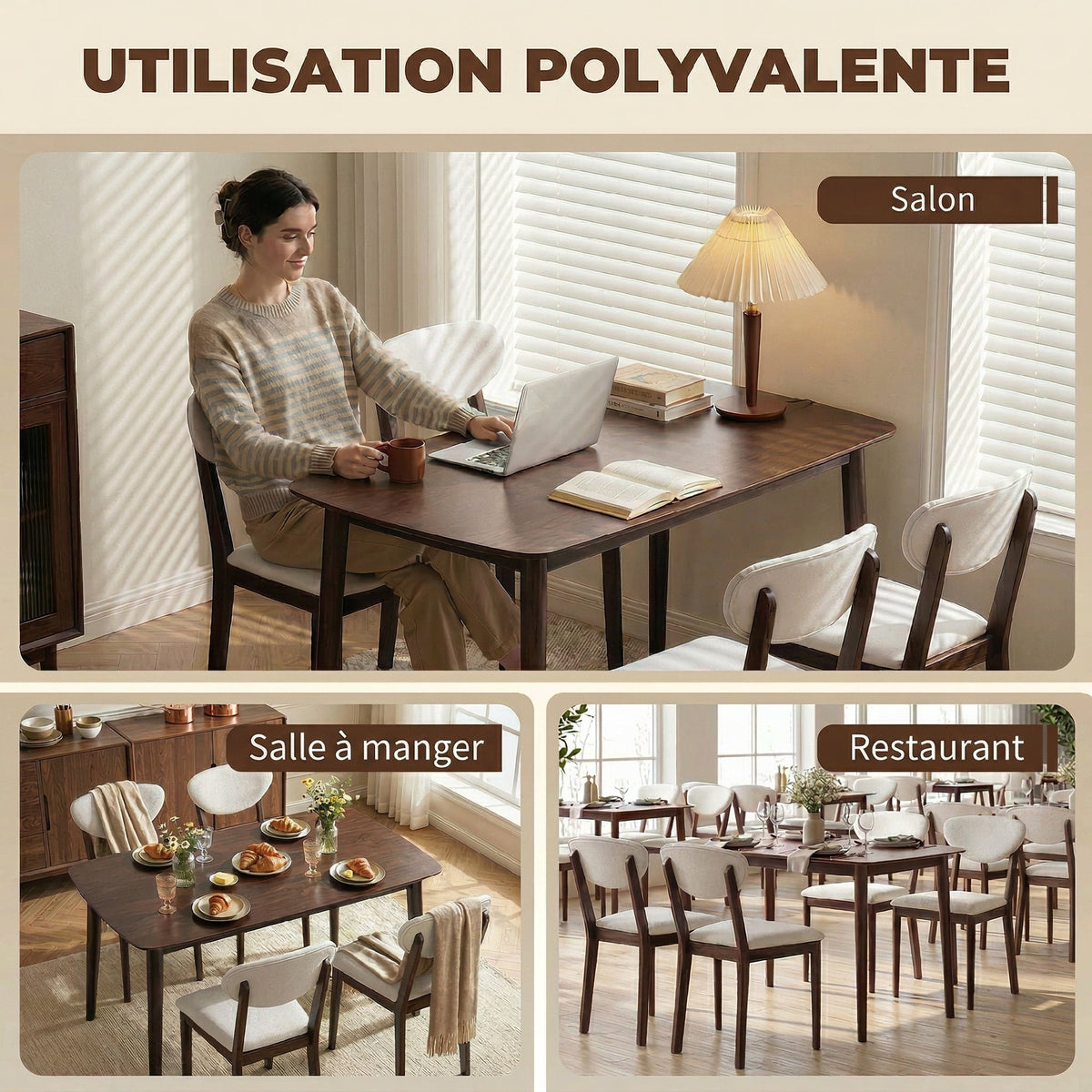 Ensemble table salle à manger avec 4 chaises table de cuisine avec chaises 4 personnes assise rembourrée noyer crème-7