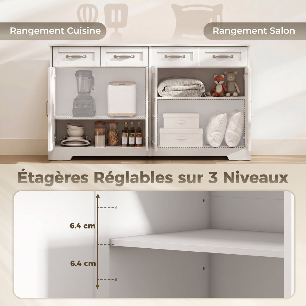 Buffet Cuisine avec Tiroirs, Portes, Étagères Réglables, Style Shaker, Dispositif Anti-Basculement, 140x38x80cm, Blanc-5