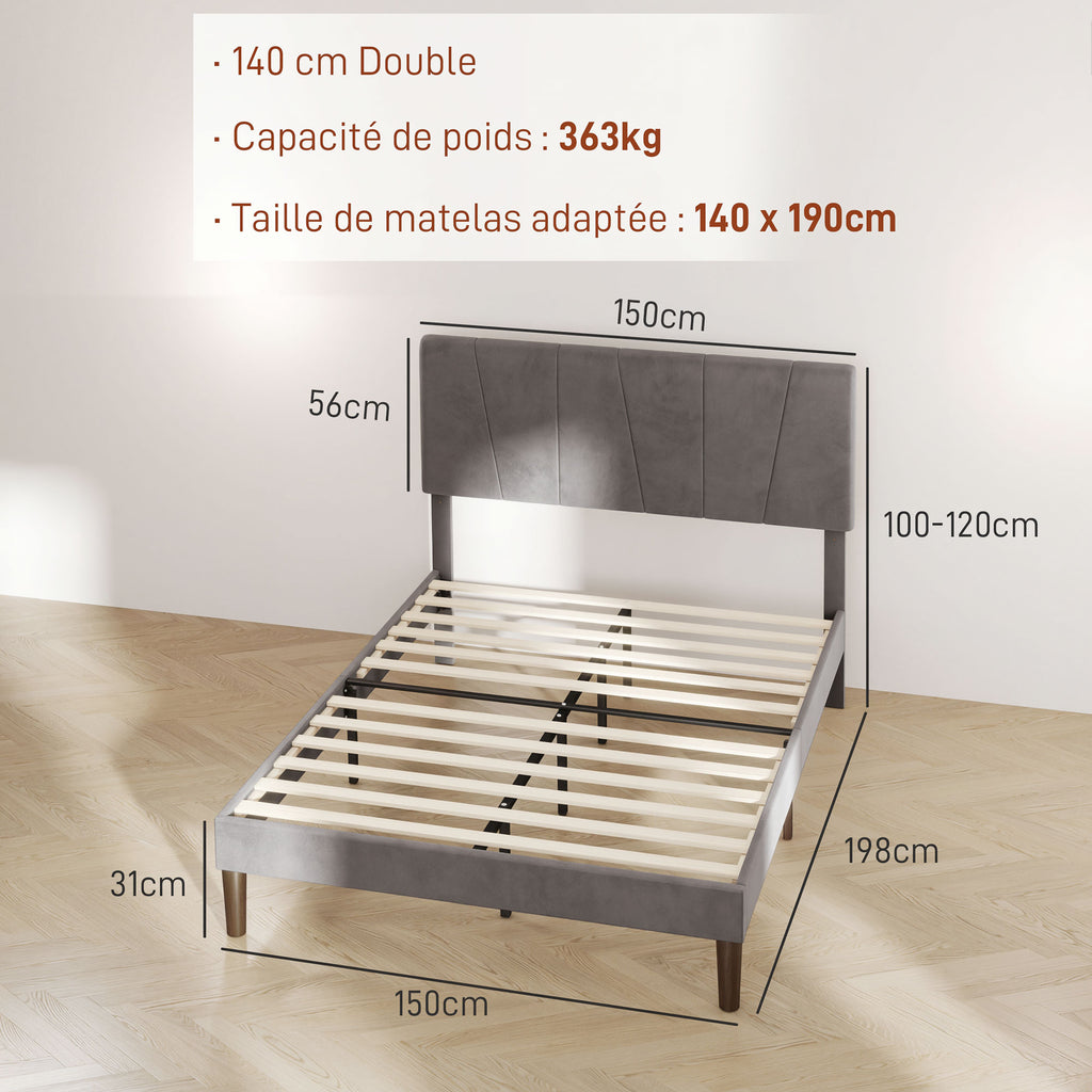 Cadre de lit double 140 x 190 cm lit 2 personnes tête de lit réglable sommier 150 x 198 x 100/105/110/115/120 cm gris-2