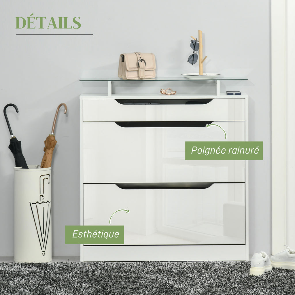 Armoire à Chaussures avec 2 Tiroirs Rabattables + 1 Tiroir Coulissant + 1 Comptoir et 1 Plateau en Verre blanc-5