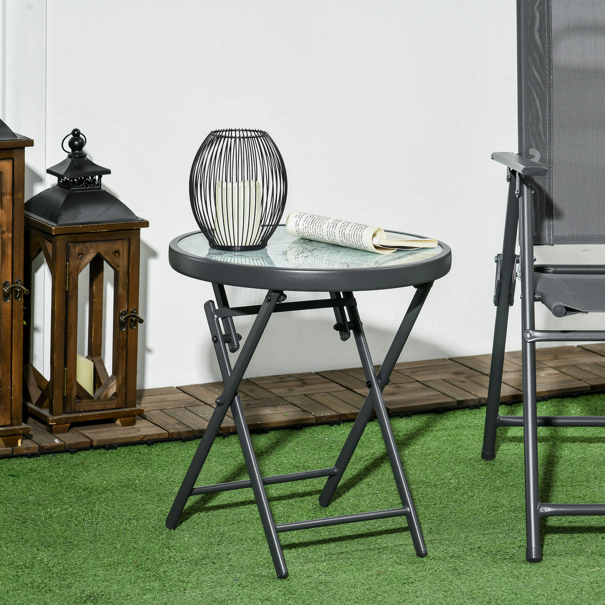 Table basse pliante table d'appoint pliante plateau effet marbre en verre trempé structure métal ronde Ø45 x 50 cm blanc-1