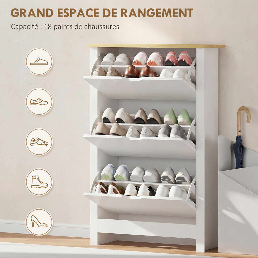 Armoire à Chaussures 3 Portes abattantes 2 Compartiments Panneaux Particules Blanc chêne-3