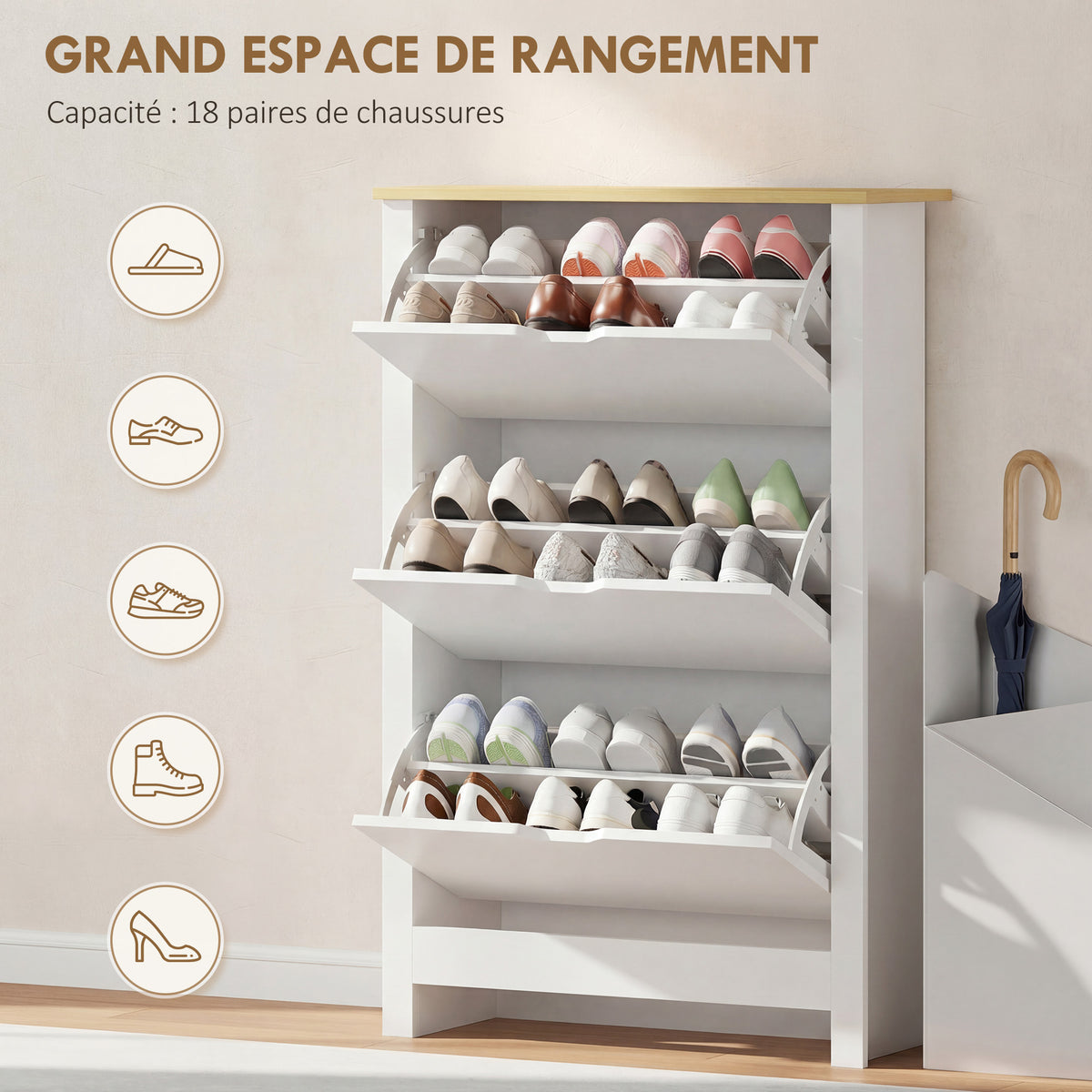 Armoire à Chaussures 3 Portes abattantes 2 Compartiments Panneaux Particules Blanc chêne-3
