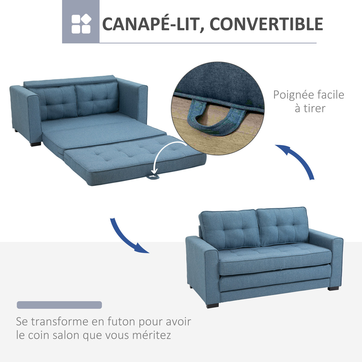 Canapé droit convertible 2 places - dossier capitonné - 147,5 x 75 x 85 cm - bleu-4