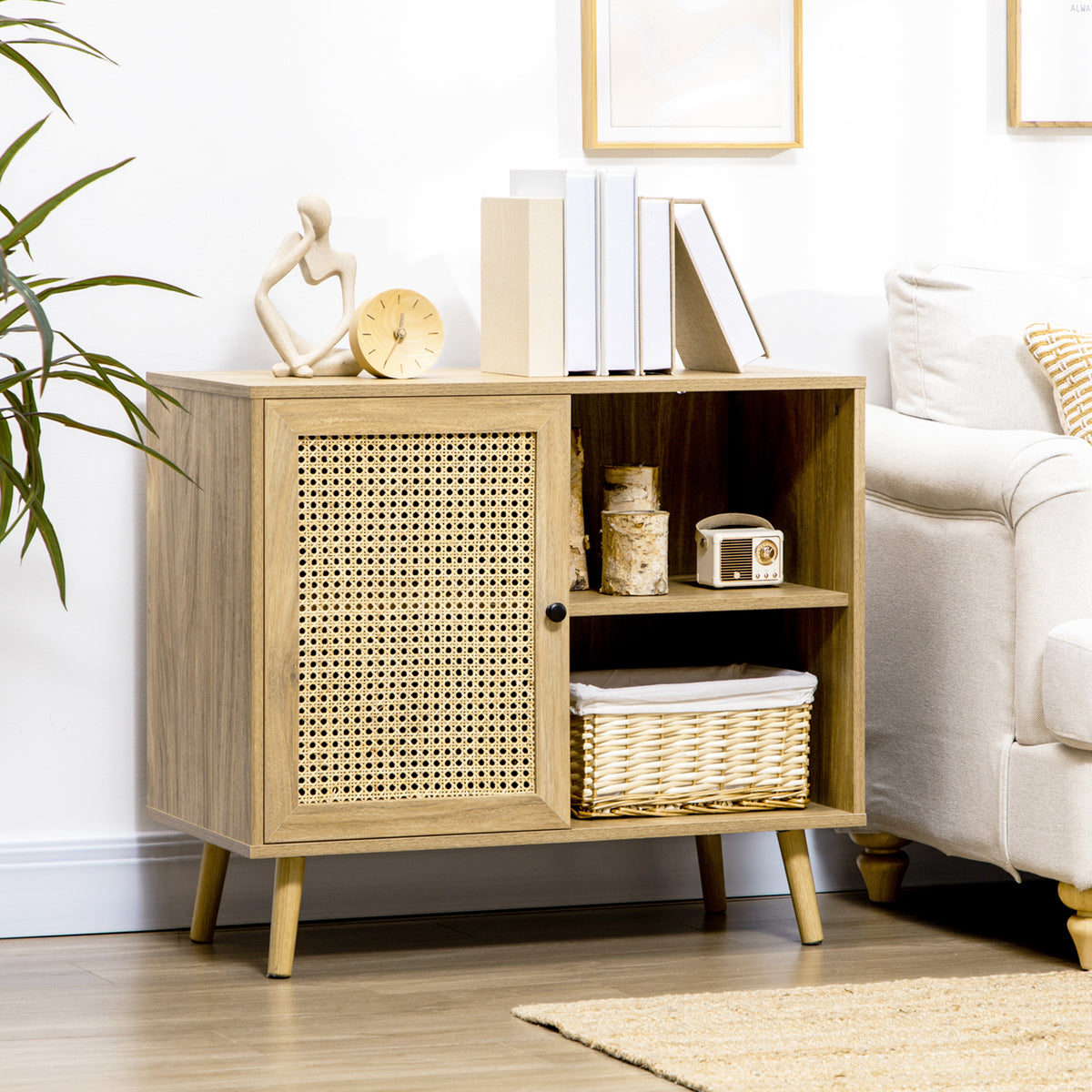 Meuble de rangement buffet 1 porte cannage effet bois - dim. 80L x 39l x 70H cm-1