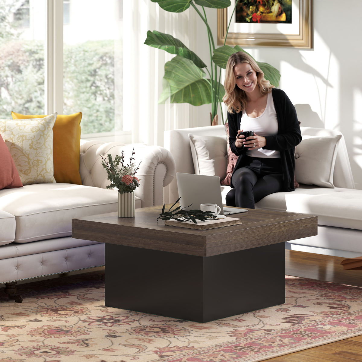 Table basse carrée avec éclairage LED 16 couleurs, table de salon moderne, 90 x 90 x 45 cm, noyer-7