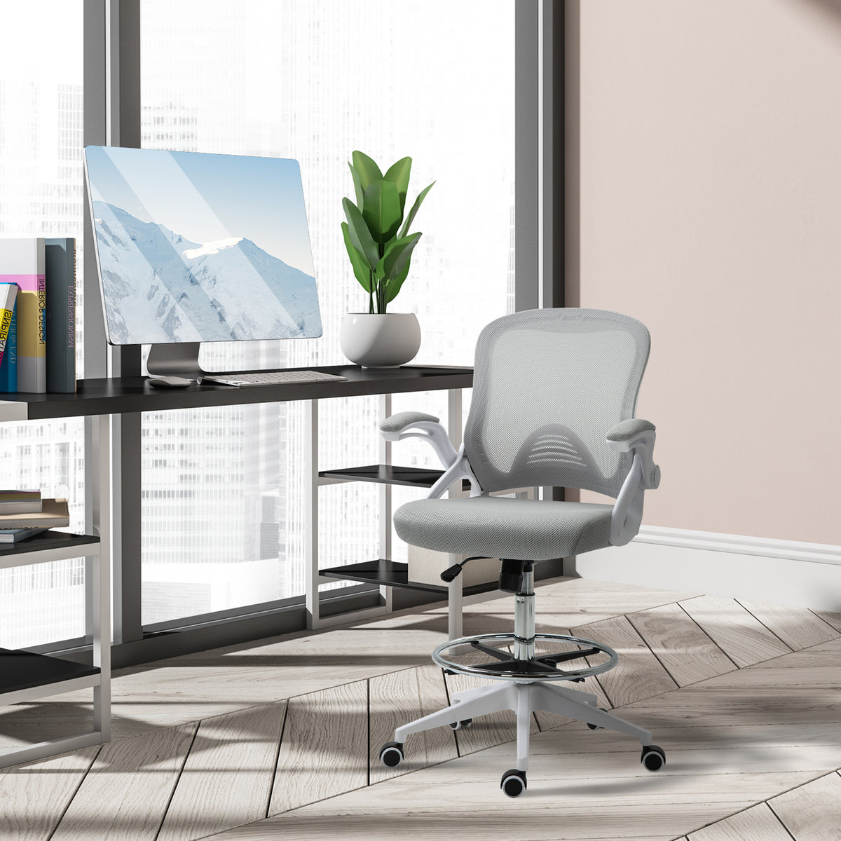 Fauteuil de bureau chaise de bureau assise debout hauteur réglable repose-pieds gris et blanc-8
