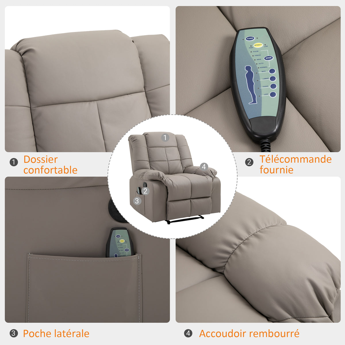 Fauteuil de massage fauteuil de relaxation massant avec dossier inclinable manuellement et repose-pied fauteuil TV revêtement synthétique télécommande incluse gris-5