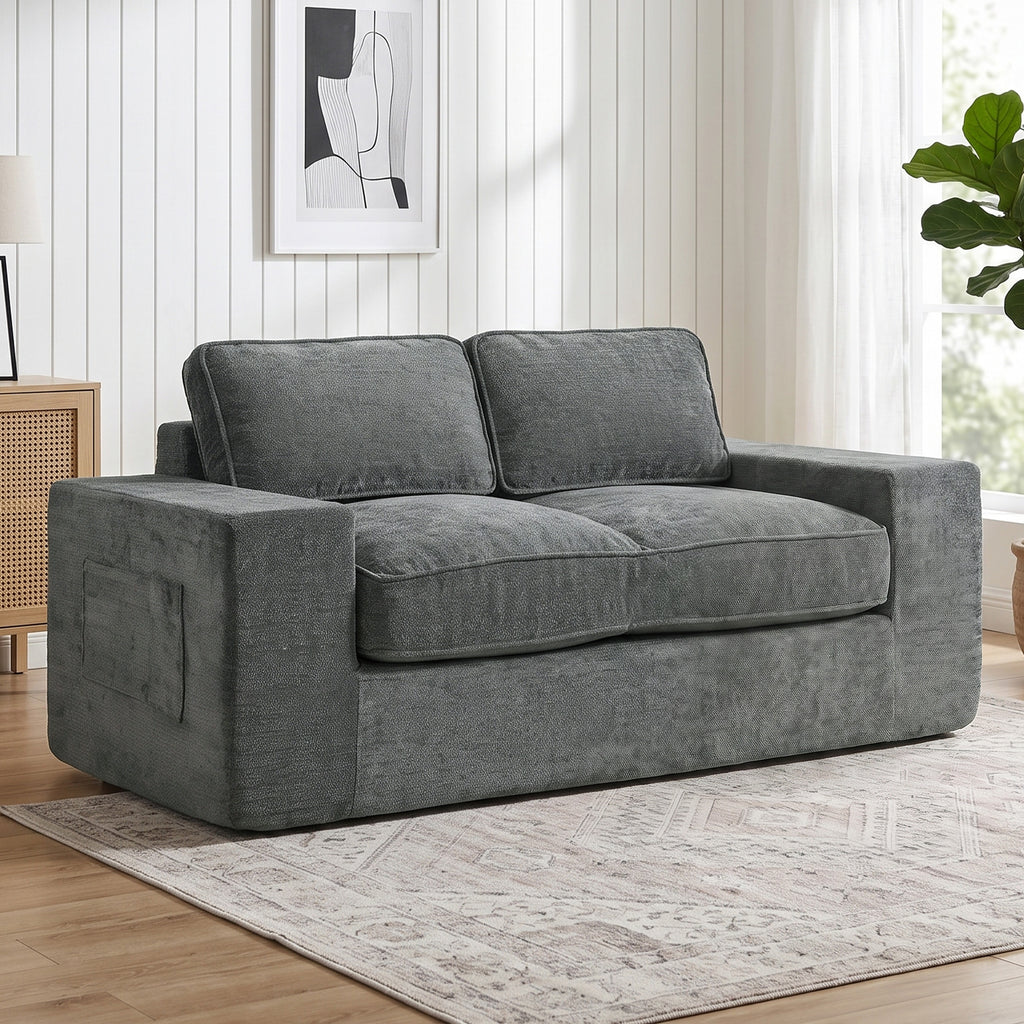 Canapé 2 Places en Chenille, Canapé de Salon 156 cm, Assise et Accoudoirs Larges Rembourrées, 2 Oreillers, Gris-1