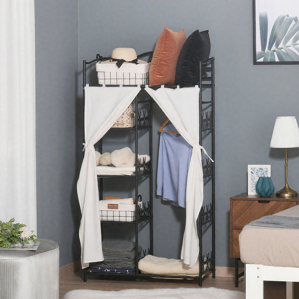 Armoire Chambre adulte Penderie Vêtement Dressing Multi Rangements 5 étagères 84L x 42l x 159H cm métal Noir 2 Rideaux Blanc-1