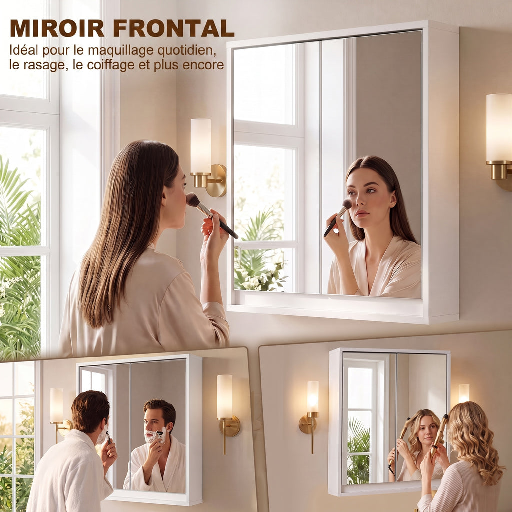 Armoire Murale Miroir Salle de Bain 2 étagères dim. 48L x 14l x 45H cm Panneaux Particules MDF Blanc-5