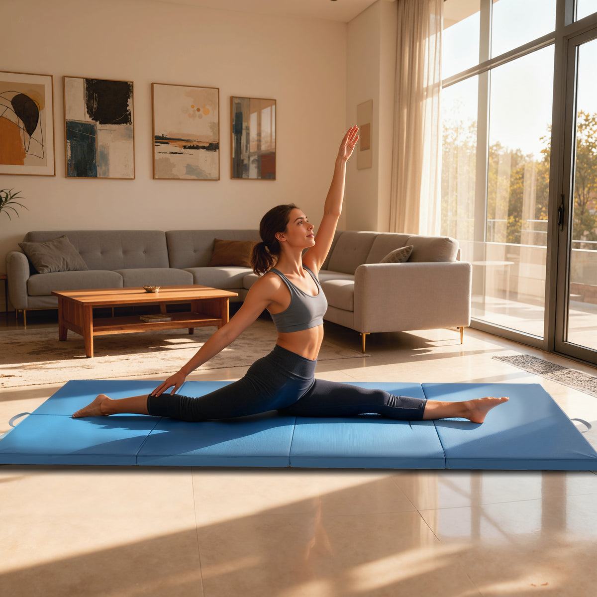 Tapis de gymnastique yoga pilates fitness pliable en 4 avec poignées revêtement synthétique 240 x 120 x 5 cm bleu clair-6