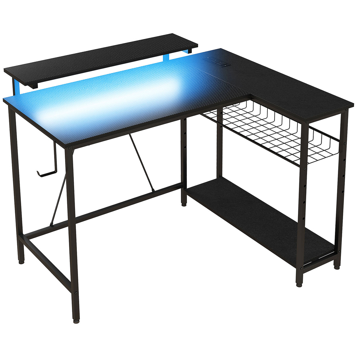 Bureau d'angle réversible, bureau d'ordinateur avec LED, 2 prises et 2 ports USB et panier réglable, 107x80x90cm, noir-0