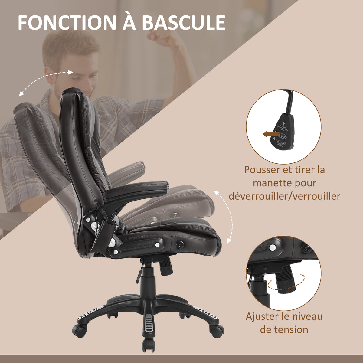 Fauteuil de bureau massant et chauffant électrique fauteuil bureau ergonomique revêtement synthétique brun-5