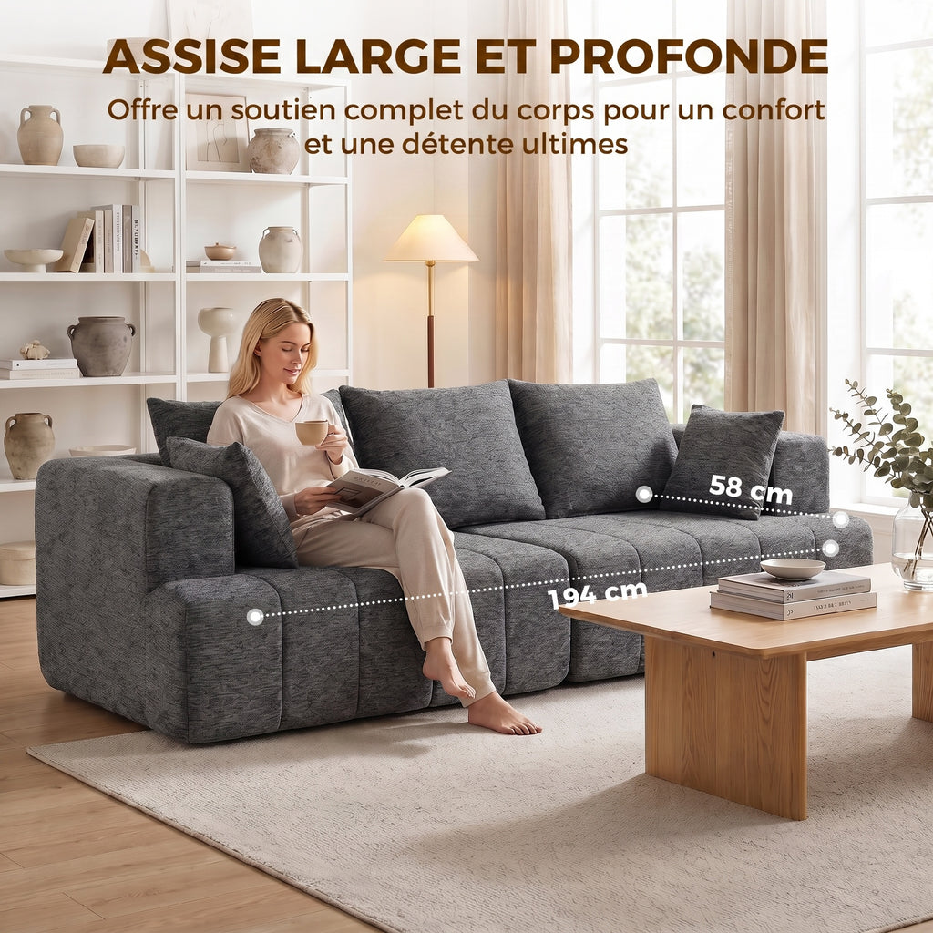 Canapé 3 places en chenille 248 cm, canapé salon moderne, large assise rembourrée, coussins à ressorts, gris-5