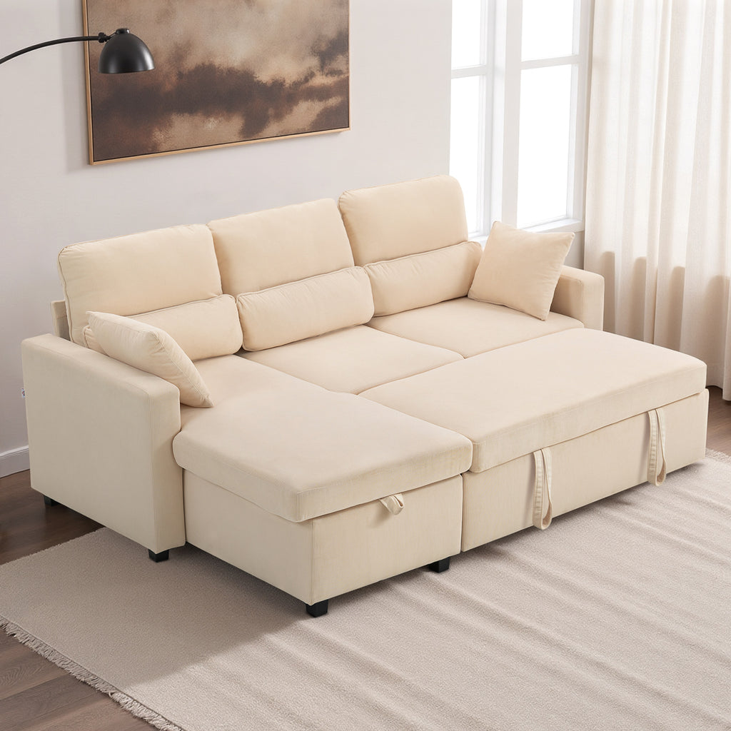 Canapé d'angle convertible en velours côtelé, canapé-lit 3 places avec rangement caché, coussins, 205x135x76cm, beige-9