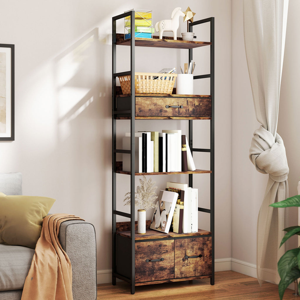 Bibliothèque étagère de rangement à 6 niveaux avec 4 étagères, 3 tiroirs en tissu, 60x30x176cm, brun rustique-9