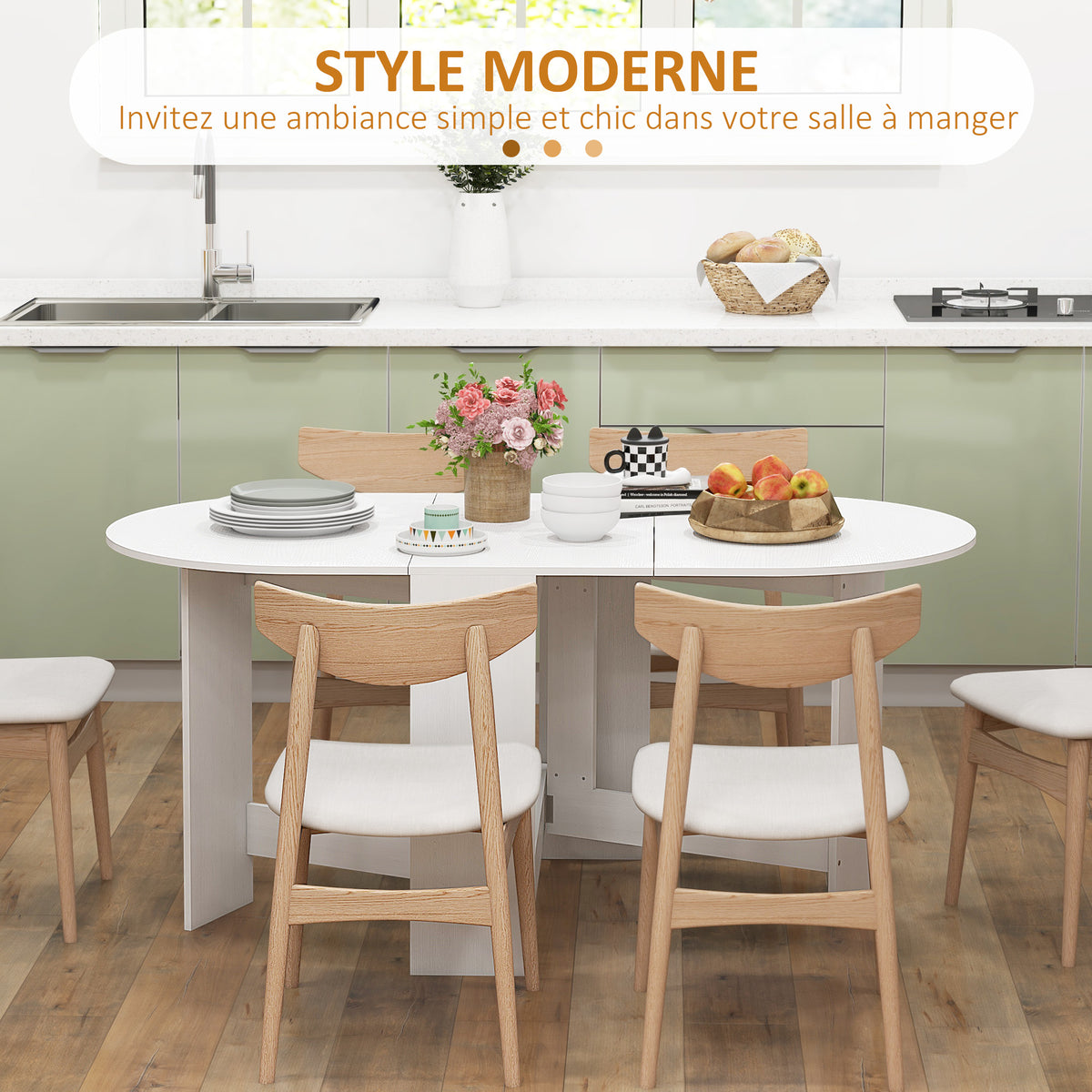 Table à manger pliante, table pliante cuisine ovale jusqu'à 6 personnes, pour petits espaces, salle à manger, blanc-3
