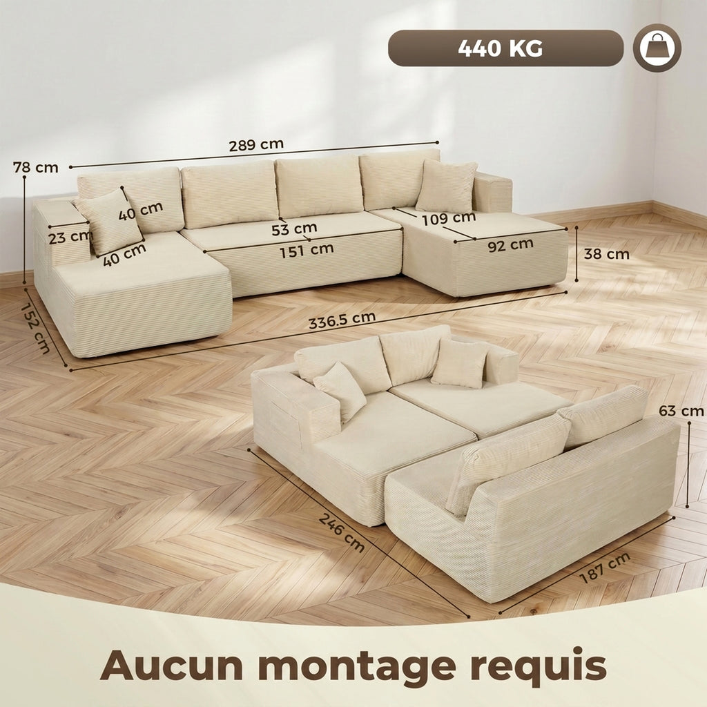 Canapé Modulaire en U Compressé 337 cm, Canapé Convertible 4 places en Velours Côtelé, Assise Large, Crème-2