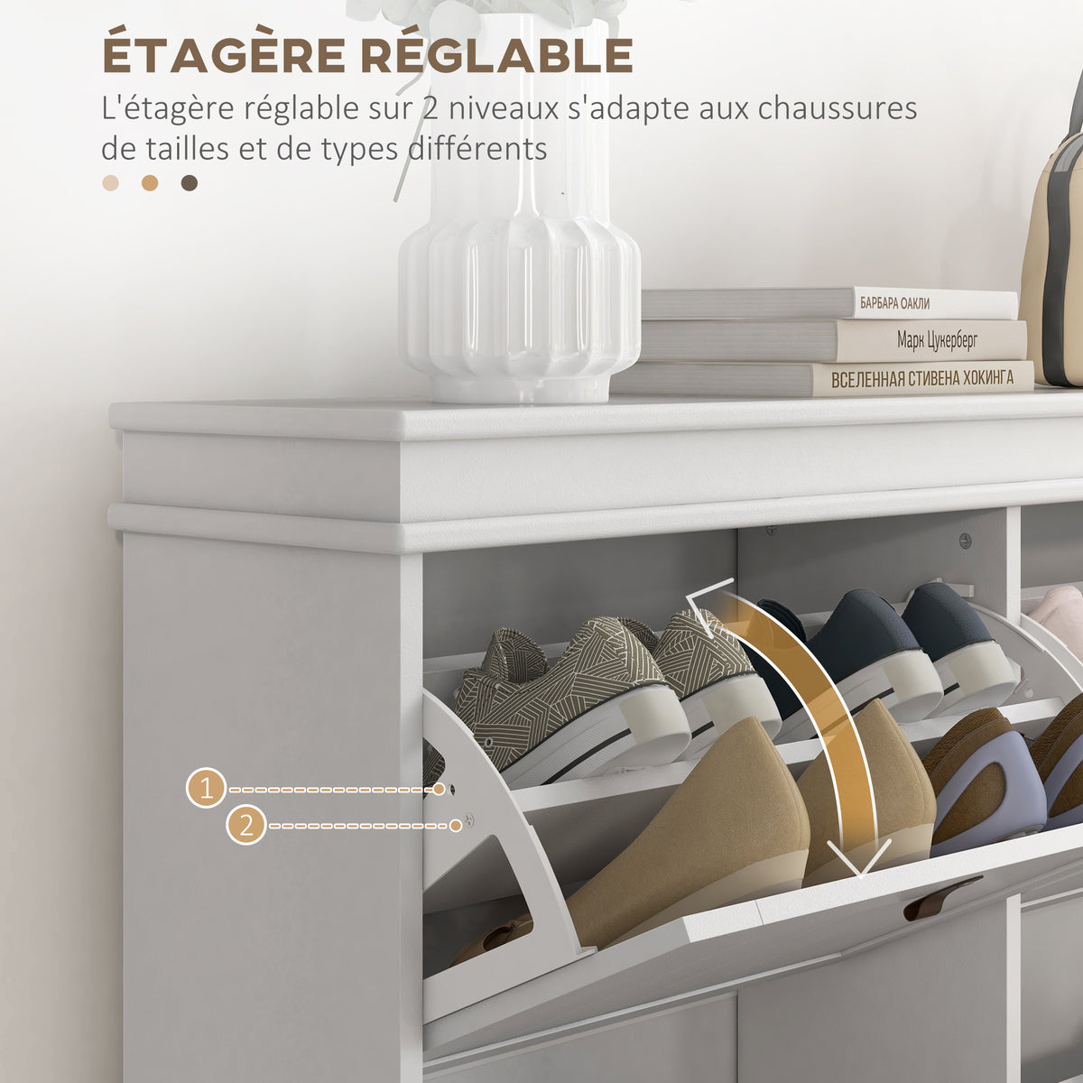 Meuble à chaussures 20 paires, armoire à chaussures, 4 tiroirs rabattables, étagères réglables, 105x24x82,5cm, blanc-4