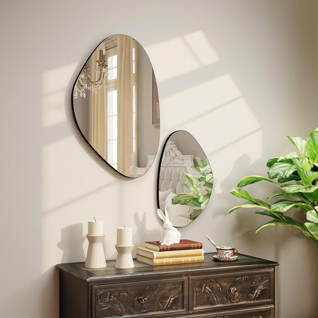 Lot de 2 miroirs muraux, miroirs décoratifs irréguliers en forme de galet, cadre en métal, 70 x 46 cm/49,5 x 31 cm, noir-7