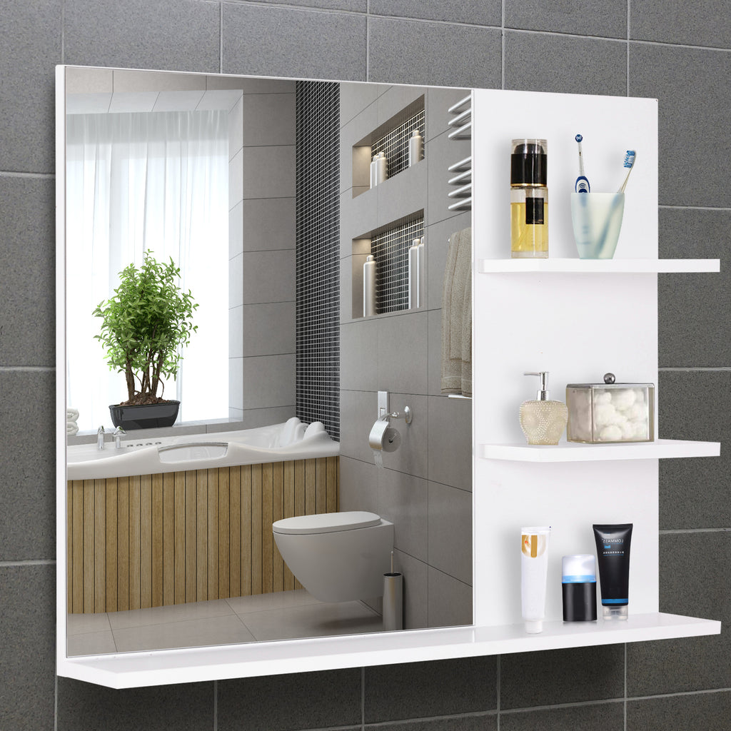 Miroir de Salle de Bain avec étagères - 2 étagères latérales + Grande étagère inférieure - kit Installation fourni - MDF Blanc-9