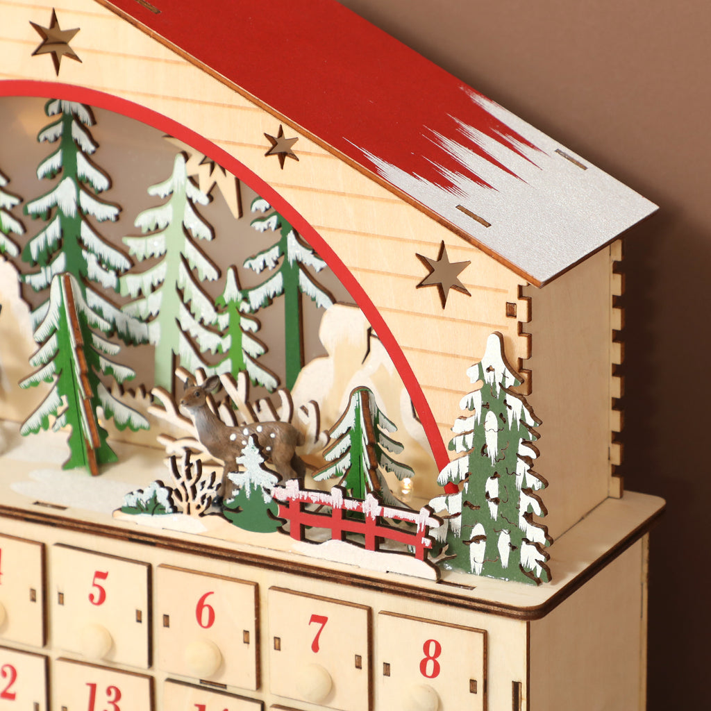 Calendario dell’Avvento di Natale con villaggio in legno, 24 cassetti e 15 LED