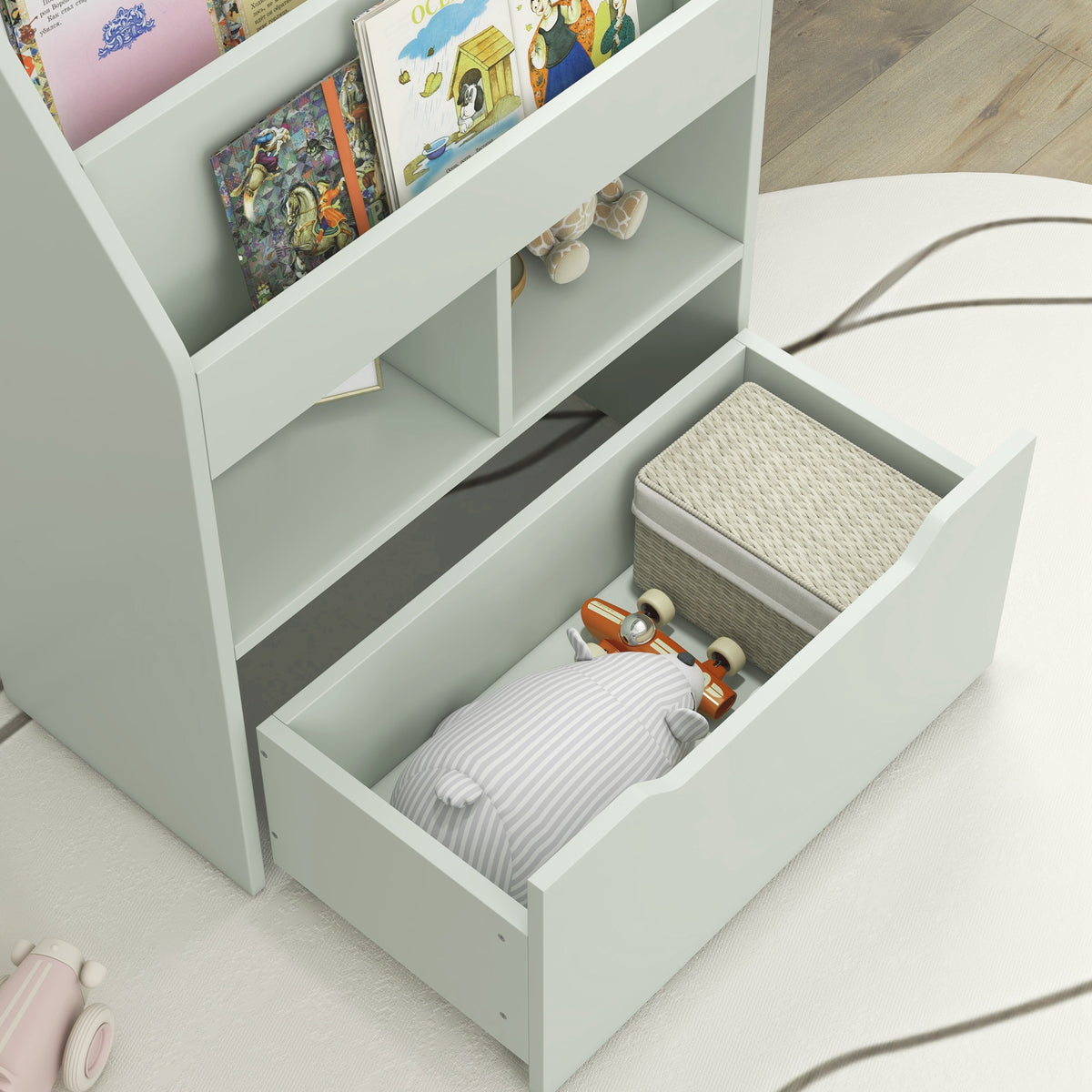 Bibliothèque étagère Multi-Rangement 3 étagères 2 niches Grand tiroir en bois Vert clair-7