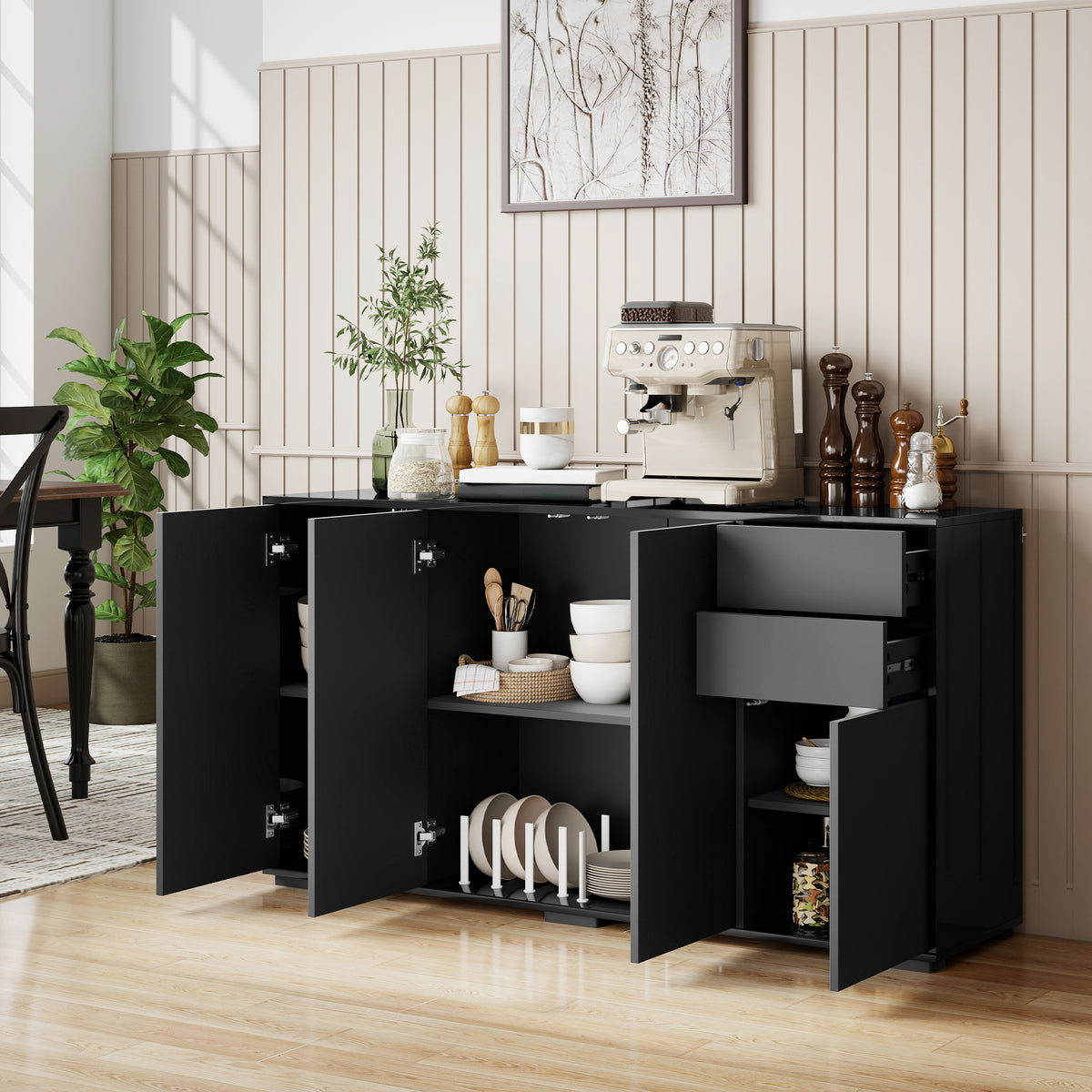 Buffet meuble de rangement 2 tiroirs coulissants 4 portes étagère réglable panneaux de particules 140 x 36 x 74 cm noir-1