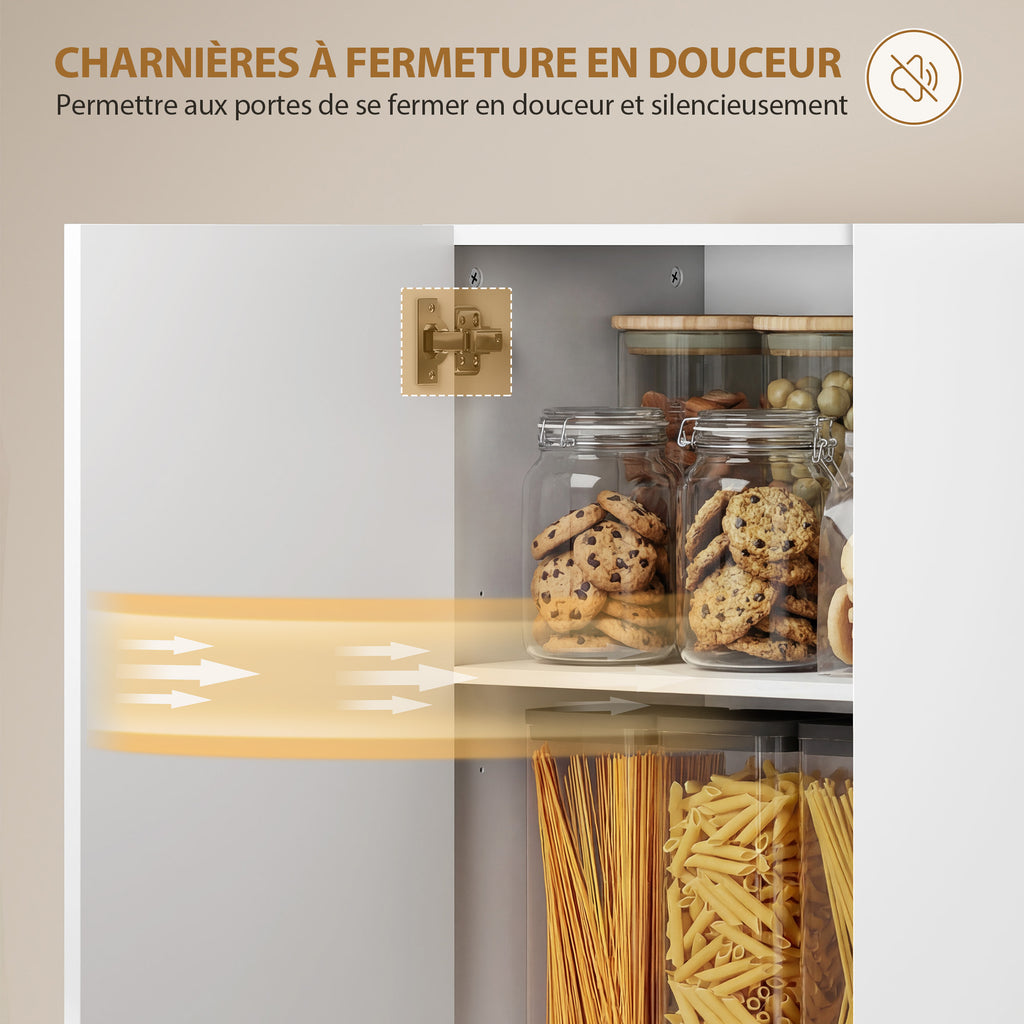 Buffet haut cuisine, armoire de cuisine, 4 portes à fermeture douce et étagères réglables, 68x34x180cm, blanc brillant-6