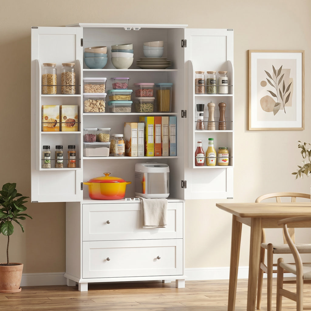 Buffet haut cuisine, armoire de cuisine 2 portes, 2 tiroirs, 6 porte-racks, étagères réglables, 80x39,5x184,5cm, blanc-1