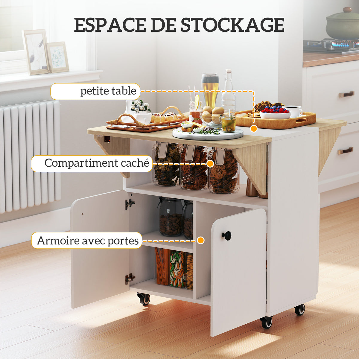 Table à manger pliante sur roulettes, table de cuisine 4 personnes, 2 abattants, étagère, placard, 70x83x75cm, blanc-5