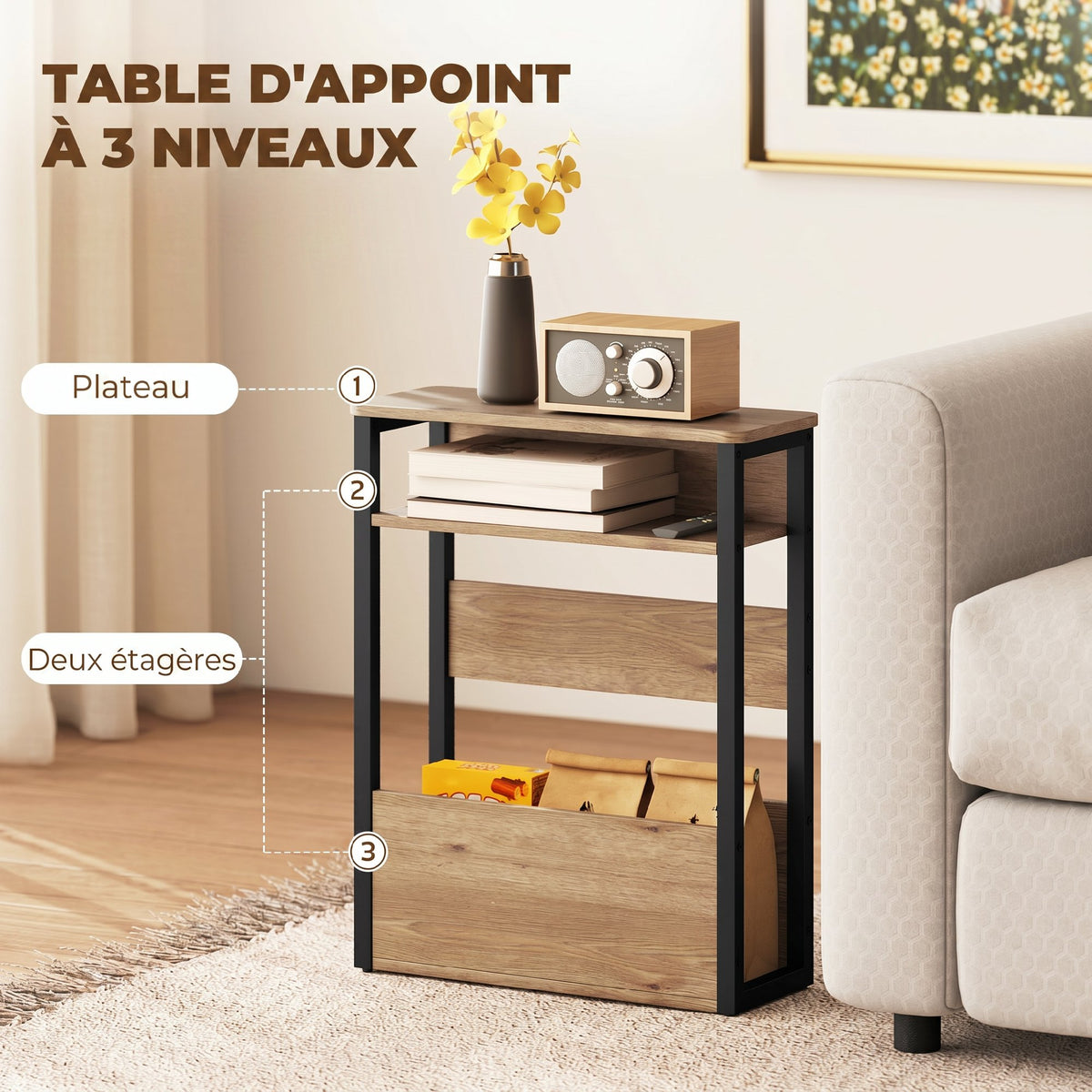 Table d'appoint table de chevet avec étagère à deux niveaux coins arrondis 46l x 18P x 58,5H cm noyer-4