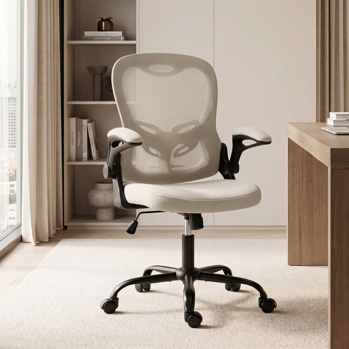 Chaise Bureau Ergonomique, Fauteuil de Bureau Maille, Accoudoirs Relevables, Hauteur Réglable, Fonction Bascule, Beige-1