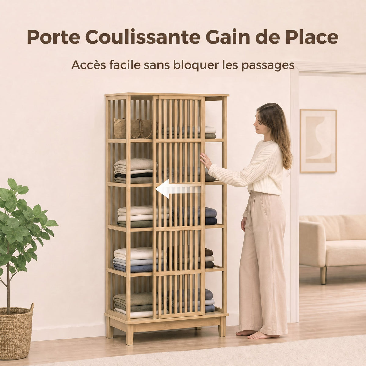 Armoire Chambre Penderie en Bambou 5 Niveaux avec Porte Coulissante, Design Aéré à Lattes, Bois Naturel-4