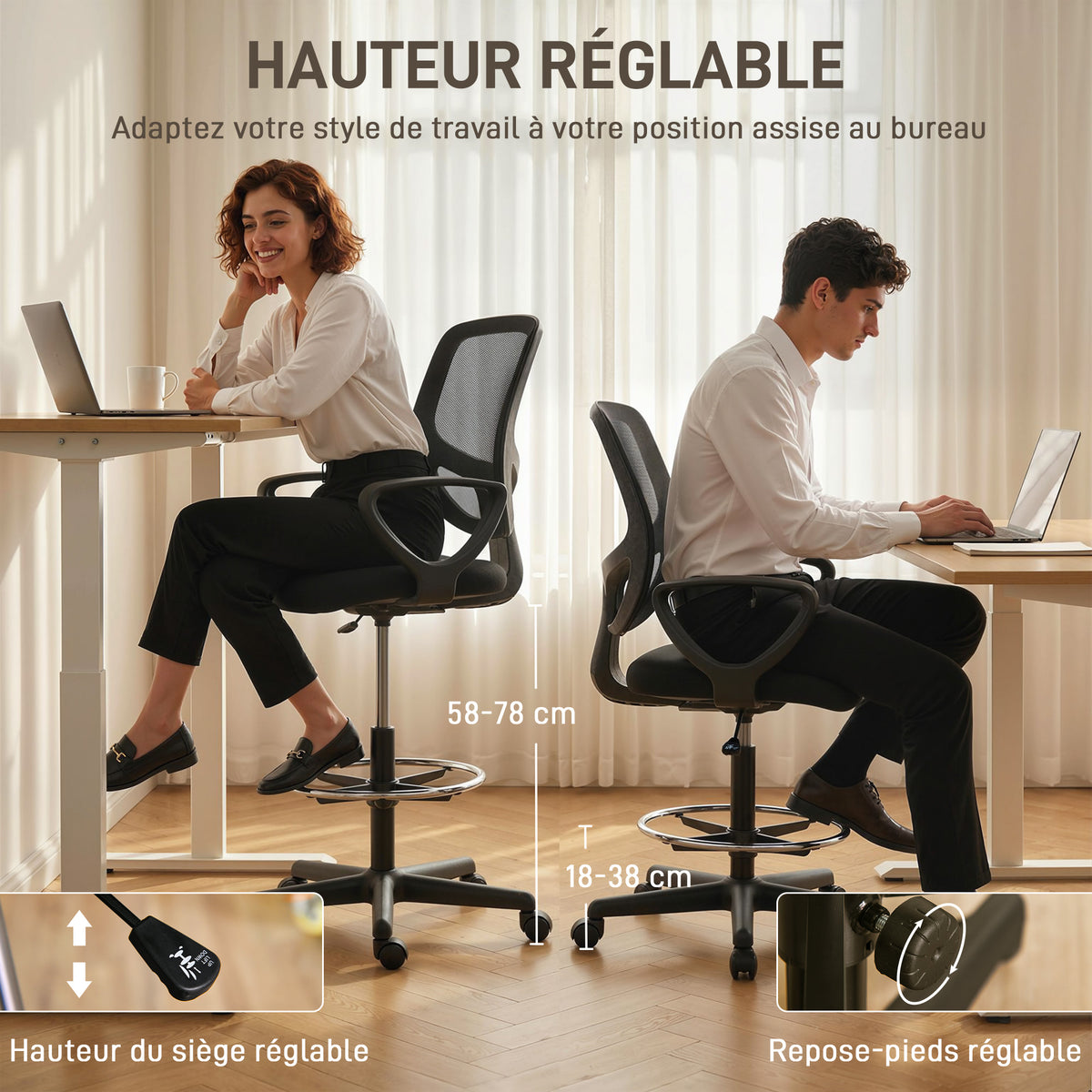 Chaise bureau ergonomique, fauteuil de bureau avec repose-pieds et accoudoirs, hauteur réglable, 59x58x103-123cm, noir-4
