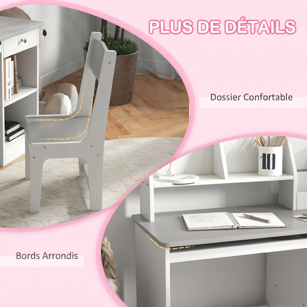 Bureau enfant avec chaise ergonomique avec clavier coulissant tiroir niches et étagères ouvertes 90 x 45 x 90 cm gris-6