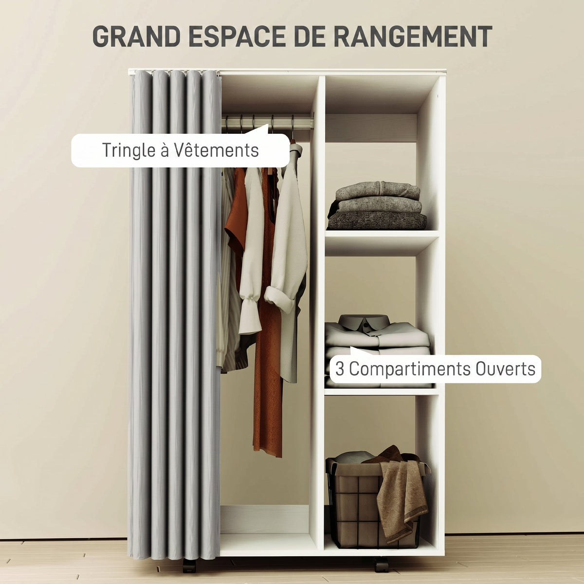 Armoire penderie vêtement dressing mobile 4 roulettes avec tringle à vêtements et étagères ouvertes, blanc-3
