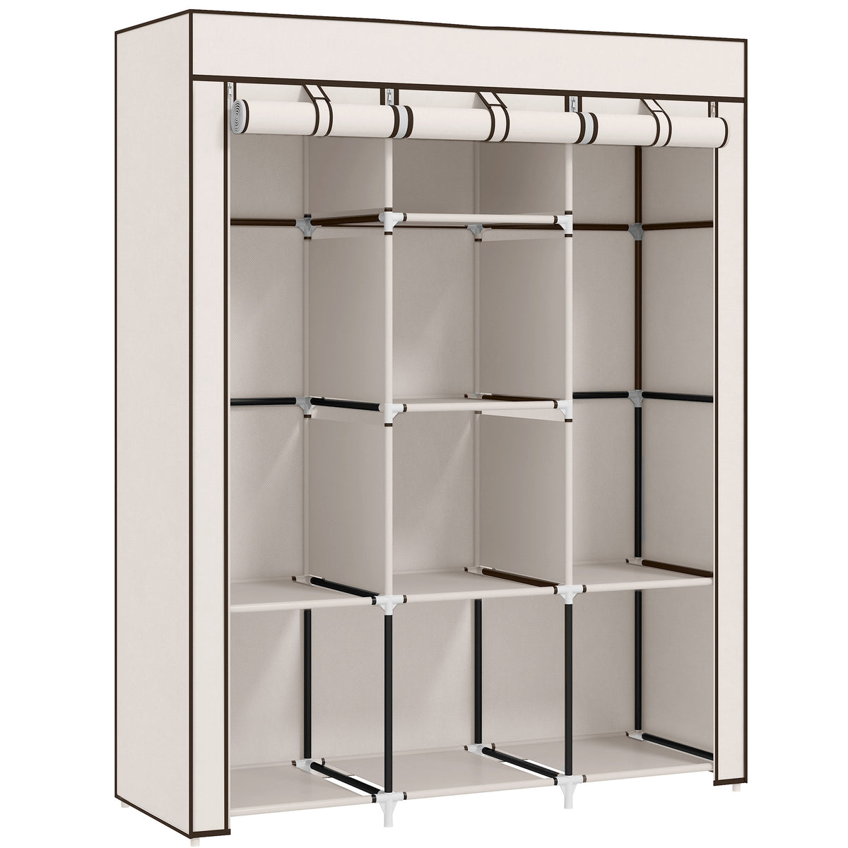 Armoire penderie multi-rangement - 8 étagères, 2 barres - non tissé crème-0