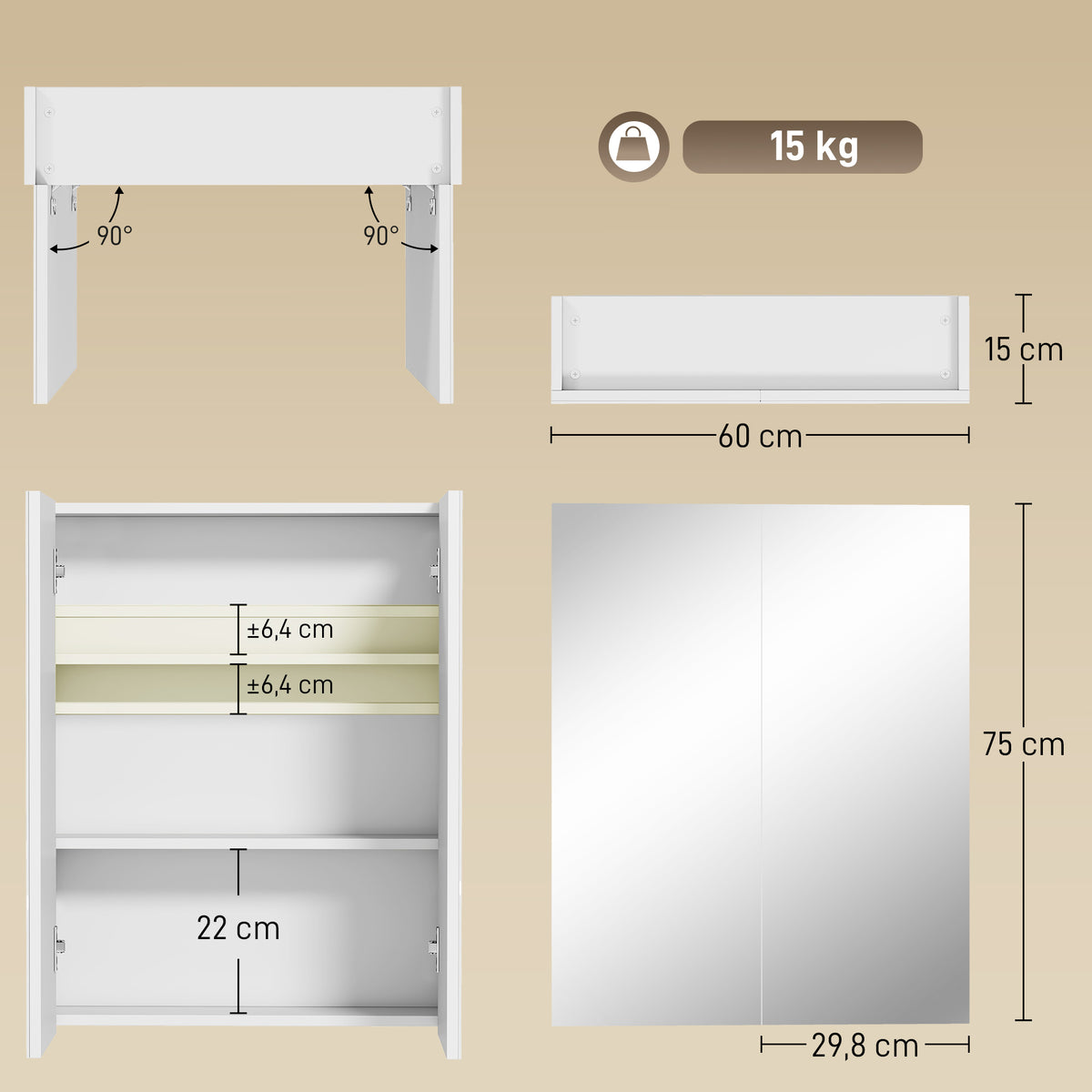 Armoire avec Miroir en Bois Rangement Salle de Bain Fermeture Porte Tampon MDF-2