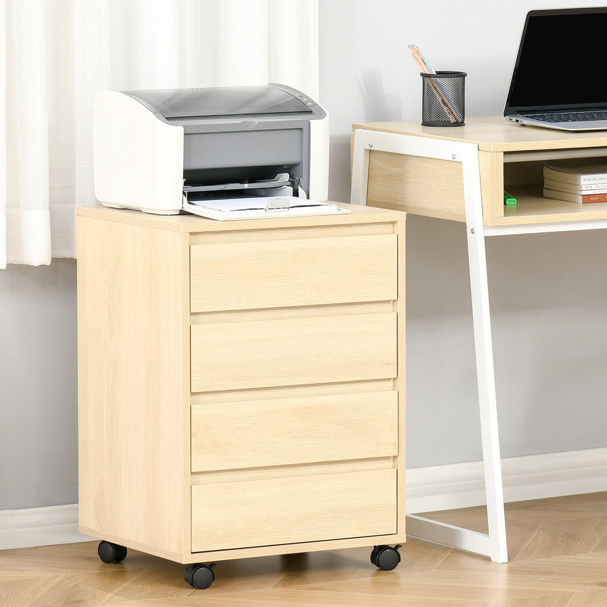 Caisson de Bureau, Rangement Bureau sur Roulettes, 4 Tiroirs Coulissants en Bois, Naturel-9