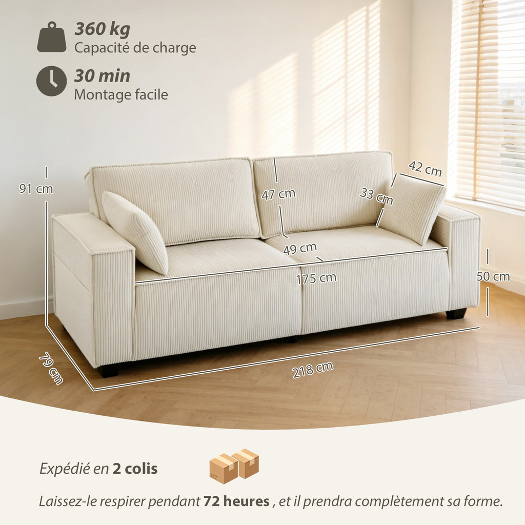 Canapé 3 places en velours côtelé 218 cm, canapé salon,  coussins à ressorts, larges accoudoirs, 2 coussins, beige-2