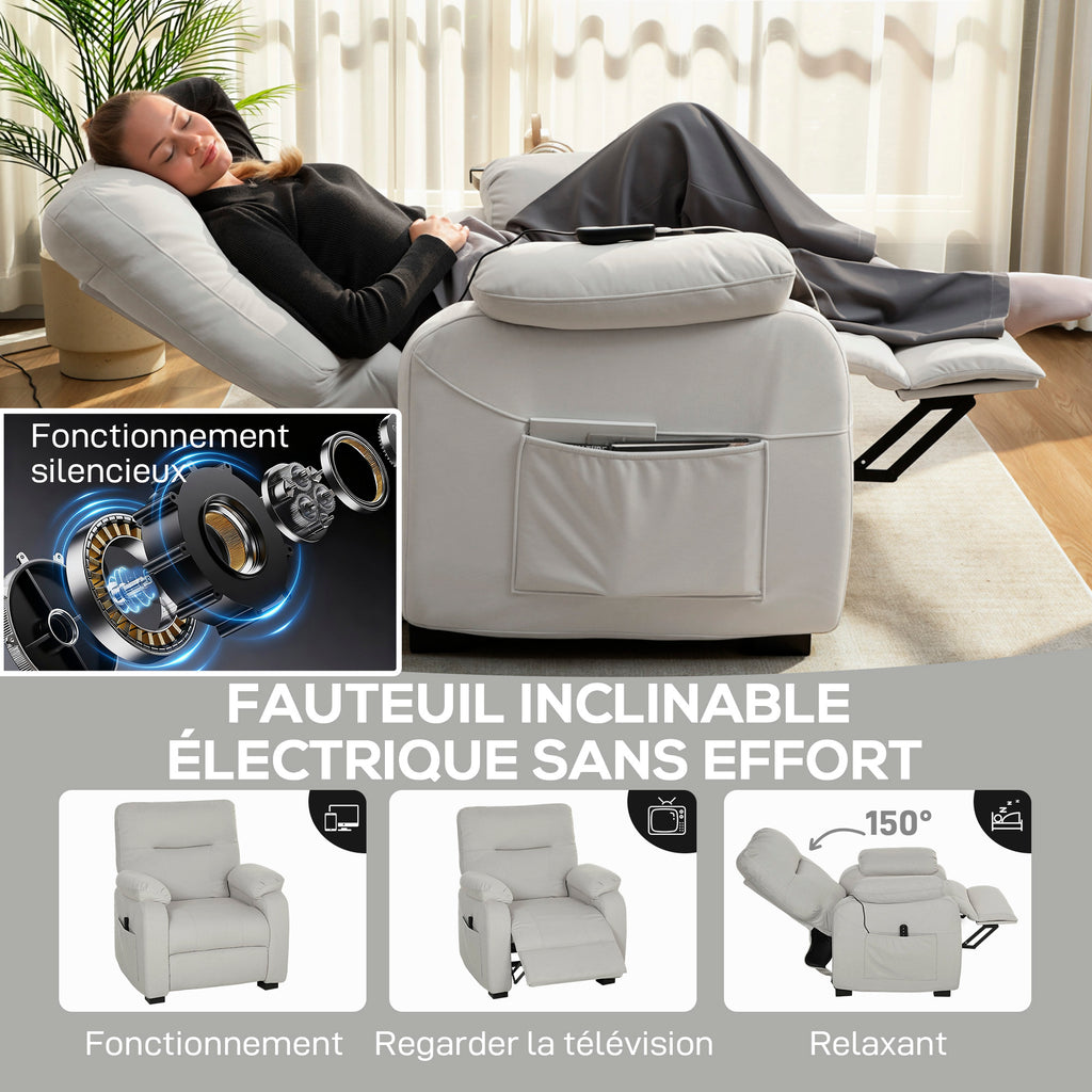 Fauteuil relax électrique fauteuil inclinable port USB repose-pieds poches latérales télécommande 96x90x103cm crème-3