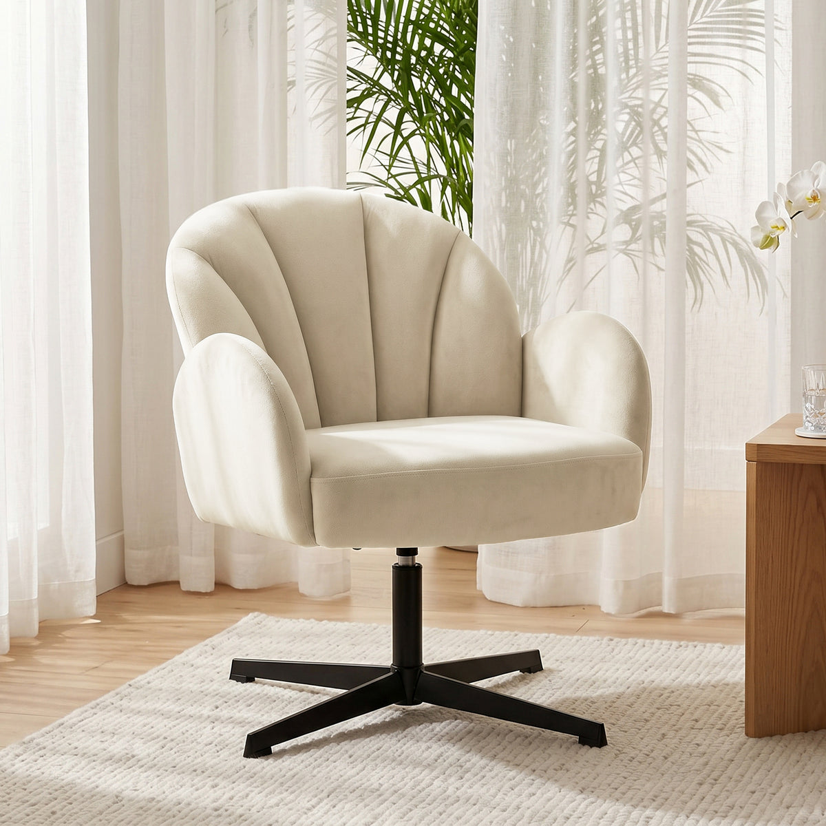 Fauteuil salon pivotant fauteuil d'appoint rembourré en velours dossier en forme de coquille coussin à ressorts beige-1