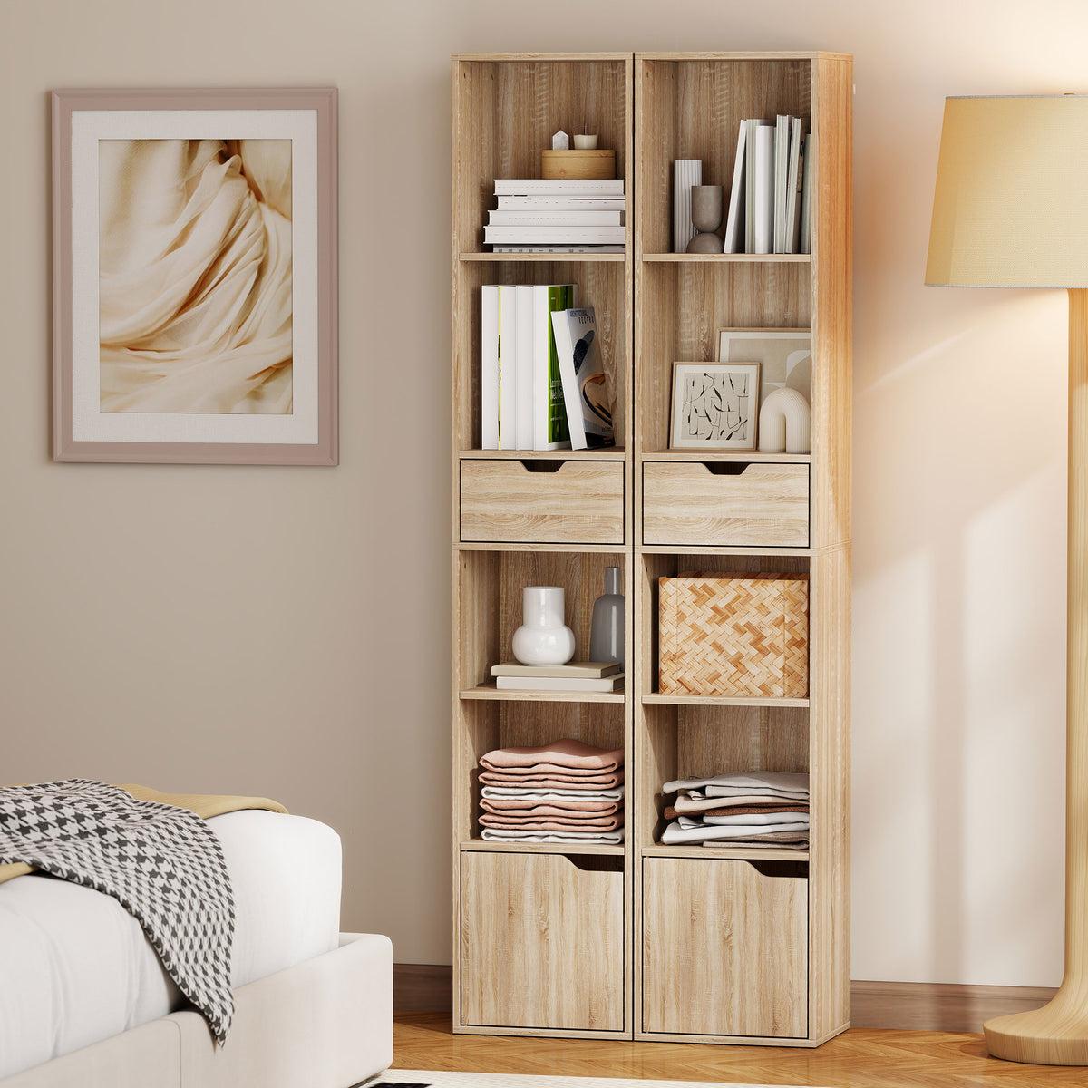 Bibliothèque, étagère à livres, meuble de rangement avec tiroir placard compartiments ouvertes, 30 x 24 x 158 cm naturel-7