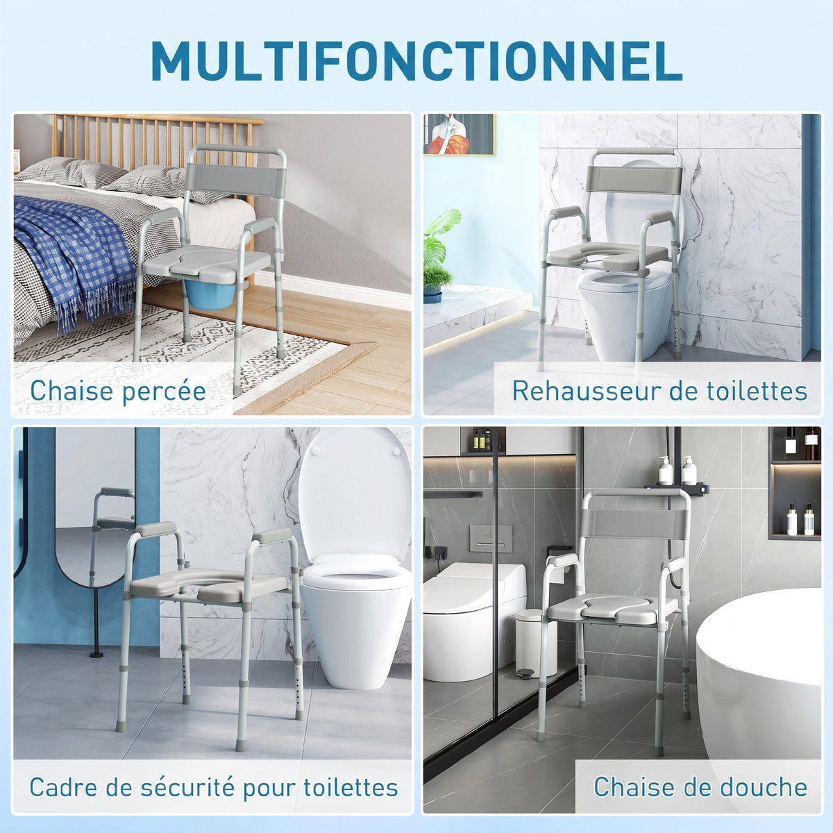 Chaise percée toilette pliable antidérapante hauteur réglable, siège et accoudoirs rembourrés, charge 150 kg, Gris-3