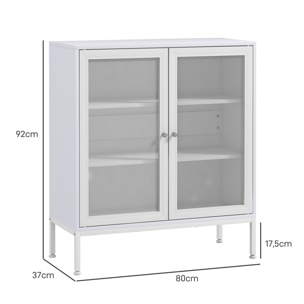 Buffet meuble de cuisine à 3 niveaux avec 2 portes grillagées avec étagère réglable 80 x 37 x 92 cm blanc-2