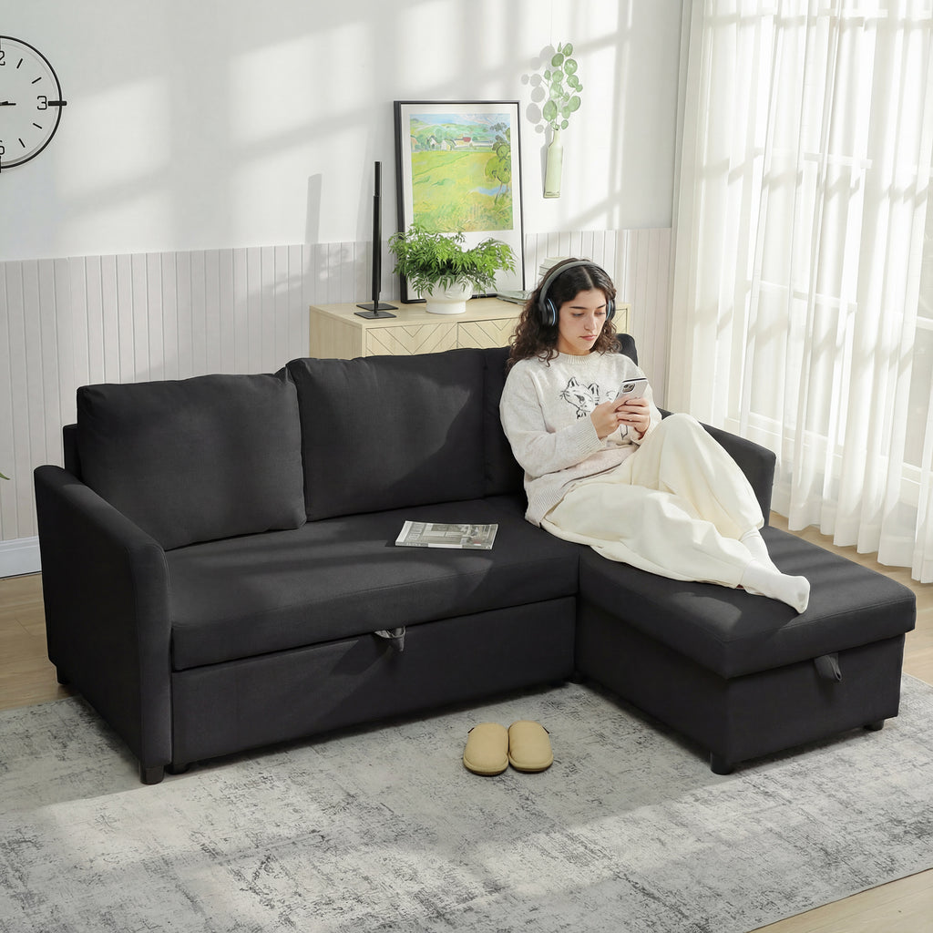 Canapé d'Angle Convertible, Canapé-Lit 3 Places 192 cm avec Méridienne Réversible, Rangement Caché, Gris Anthracite-1